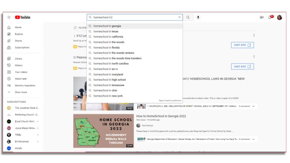 screenshot of YouTube homeschoolt topics - homeschool is the first back-to-school trend