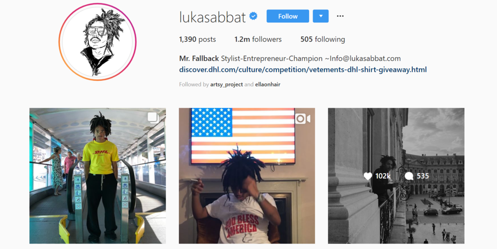 screenshot of INstagram profile of Luka Sabbat