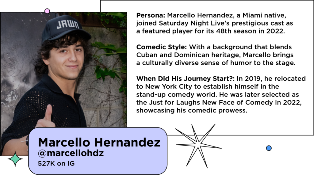 Latin influencer soft smiling and giving the camera a thumbs up next to the text: Persona: Marcello Hernandez, a Miami native, joined Saturday Night Live's prestigious cast as a featured player for its 48th season in 2022.
Comedic Style: With a background that blends Cuban and Dominican heritage, Marcello brings a culturally diverse sense of humor to the stage.
When Did His Journey Start?: In 2019, he relocated to New York City to establish himself in the stand-up comedy world. He was later selected as the Just for Laughs New Face of Comedy in 2022, showcasing his comedic prowess.