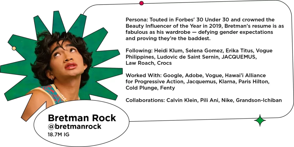 Headshot of fashion influencer with a glossy lip looking up: Persona: Touted in Forbes' 30 Under 30 and crowned the Beauty Influencer of the Year in 2019, Bretman's resume is as fabulous as his wardrobe — defying gender expectations and proving they’re the baddest.
Following: Heidi Klum, Selena Gomez, Erika Titus, Vogue Philippines, Ludovic de Saint Sernin, JACQUEMUS, Law Roach, Crocs
Worked With: Google, Adobe, Vogue, Hawai’i Alliance for Progressive Action, Jacquemus, Klarna, Paris Hilton, Cold Plunge, Fenty
Collaborations: Calvin Klein, Pili Ani, Nike, Grandson-Ichiban
